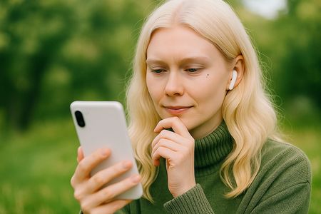 Eine blonde Frau schaut auf ein Smartphone.