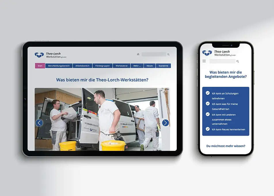 Tablet und Smartphone mit der Webseite von ‚Einfach Theo‘, dem Online-Auftritt der Theo Lorch Werkstätten.