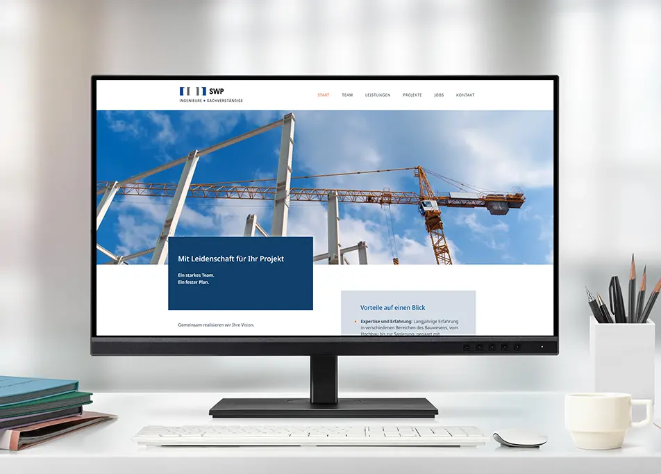 Monitor mit der Webseite von SWP Ingenieure & Sachverständige, die ein Bauprojekt mit Kränen zeigt.